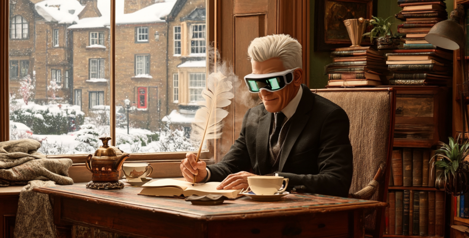 Rex Glitchman writing at his desk